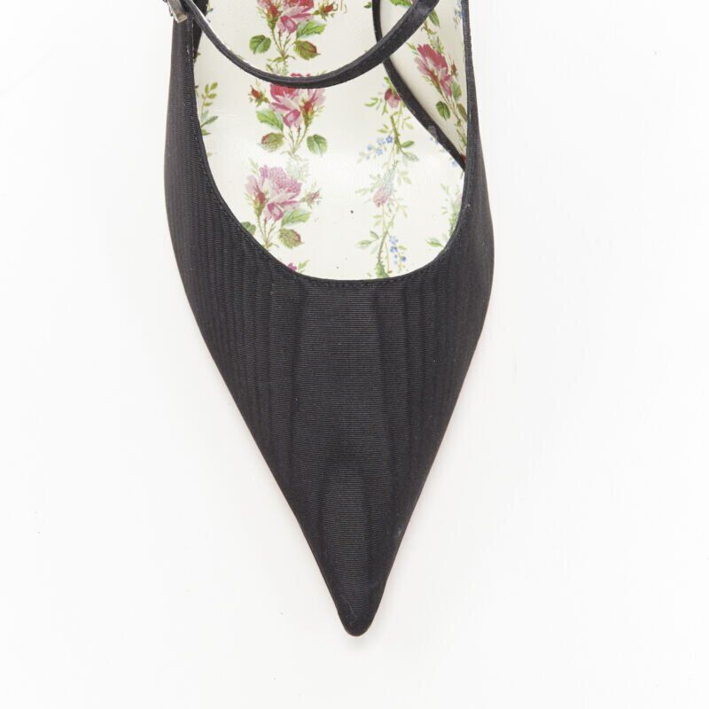 GUCCI Virginia black satin floral lined crystal buckle mary jane pump heel EU40