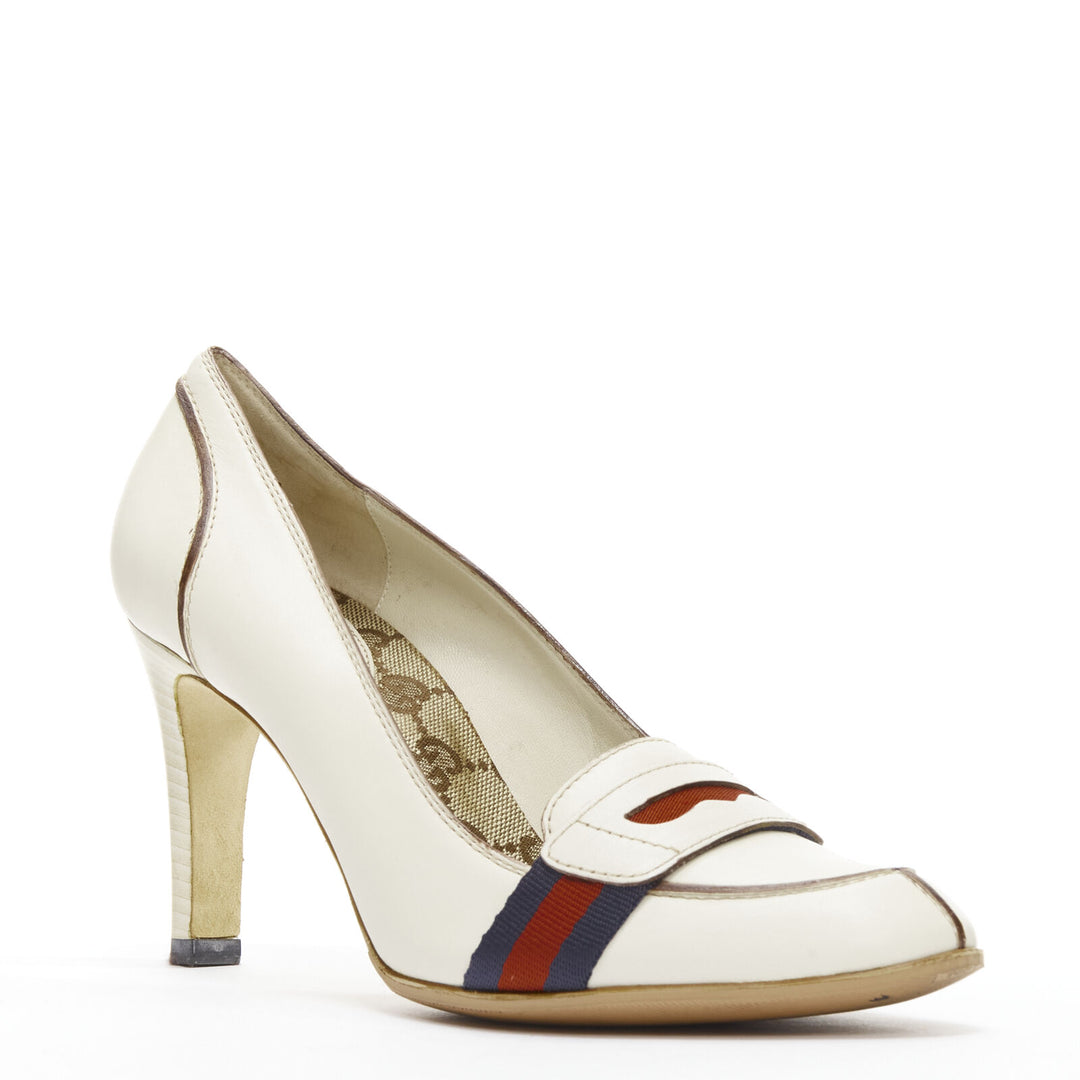 GUCCI white signature Web brown piping high heel loafer pumps EU36.5