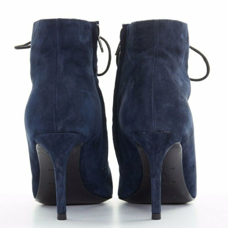 BALENCIAGA navy blue suede gold-tone stud lace up point toe bootie EU37 US7