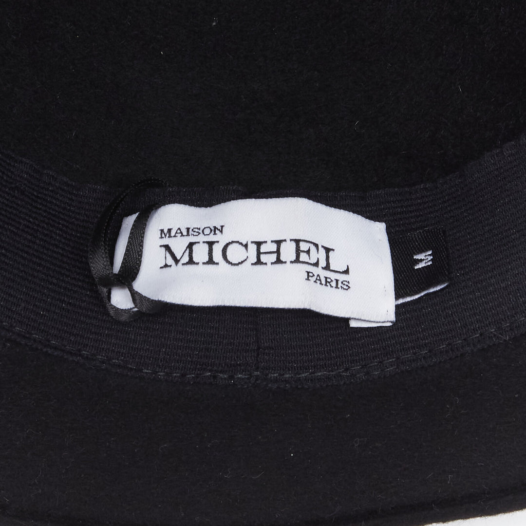 MAISON MICHEL black wool paint lacquered blue check ribbon fedora hat M 57cm