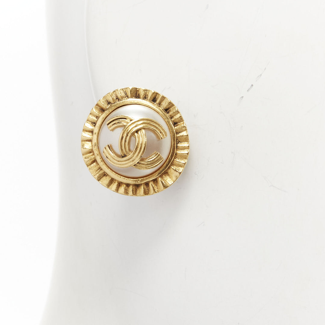 CHANEL Vintage 94A gold tone faux pearl CC logo clip on earring pair