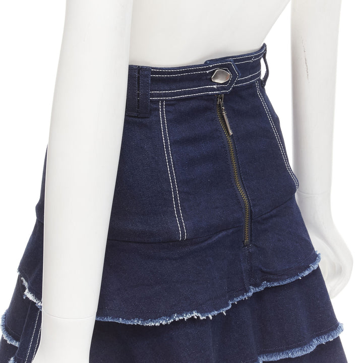 AJE hammered silver buttons blue frayed edge tiered denim skirt UK6 XS