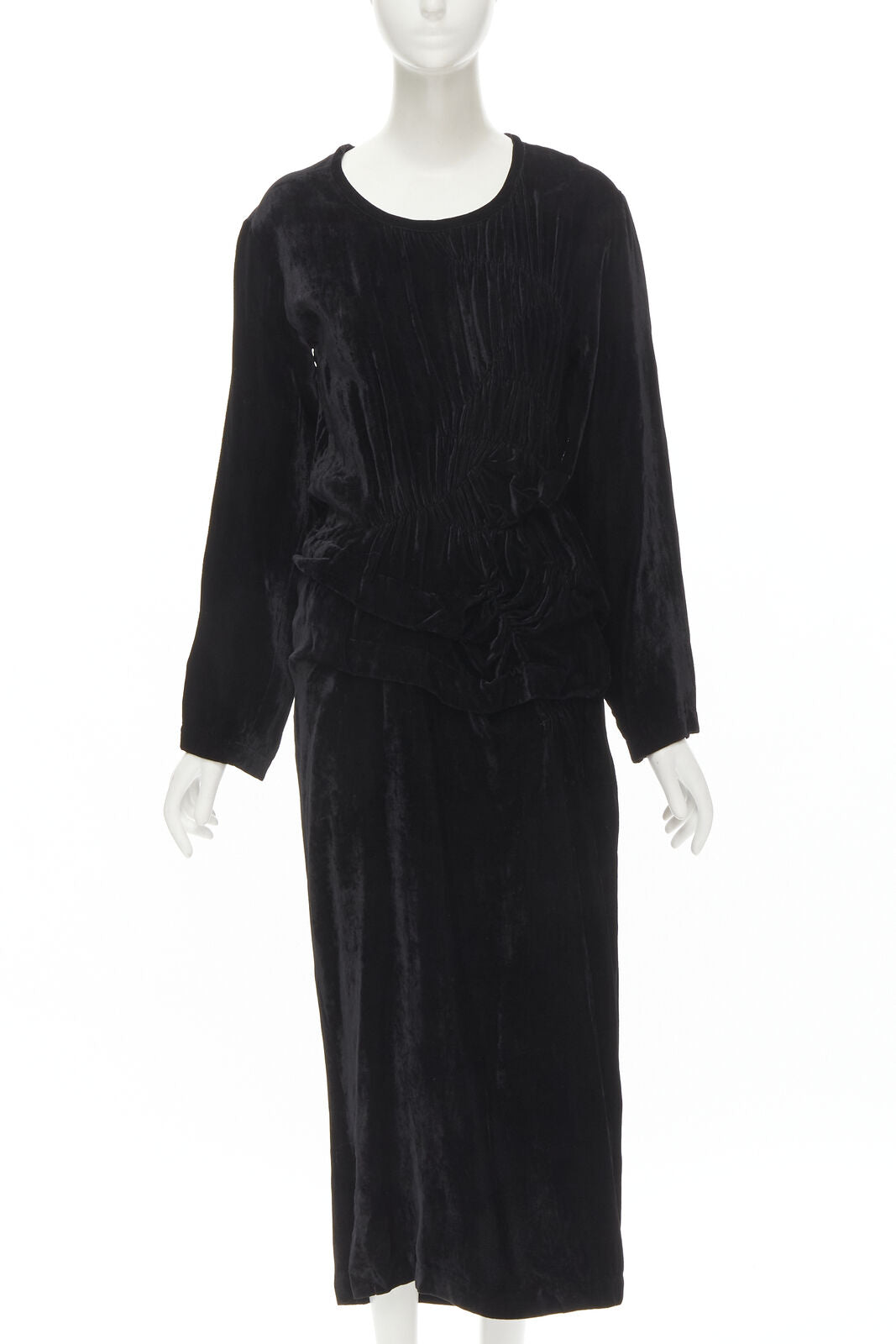 COMME DES GARCONS 1980's Vintage black velvet irregular shirred midi dress M