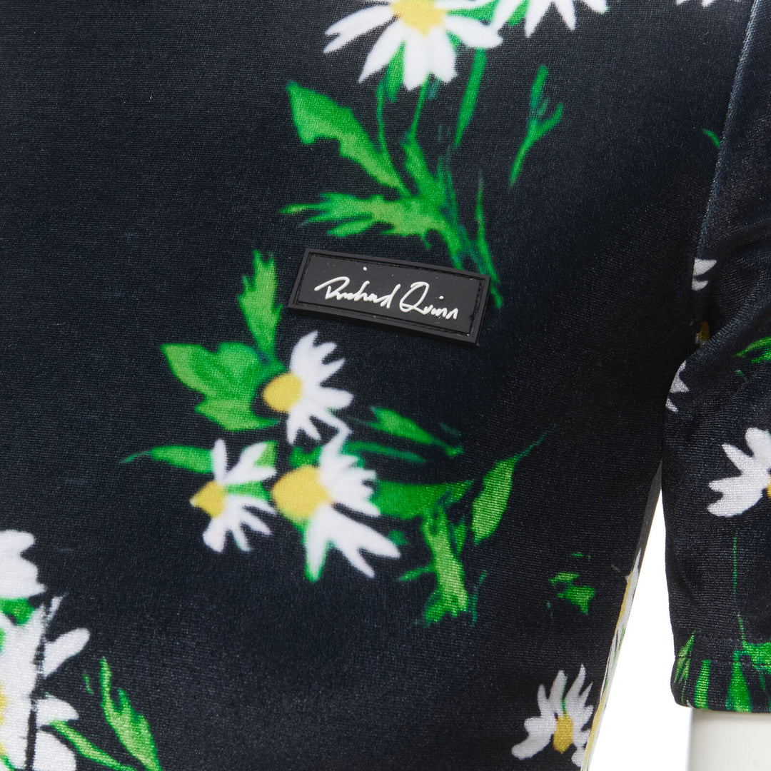 RICHARD QUINN black white green daisy floral print velvet short sleeve top S