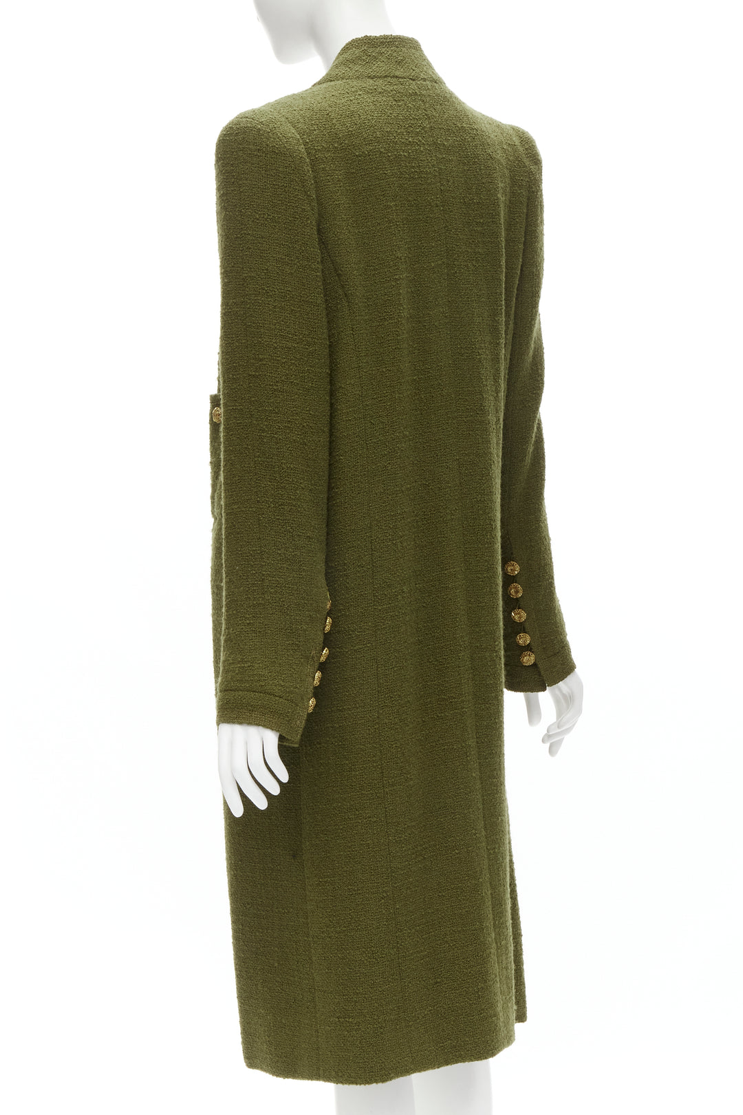 CHANEL COUTURE 96A green tweed gold filigree floral button long coat US6 M