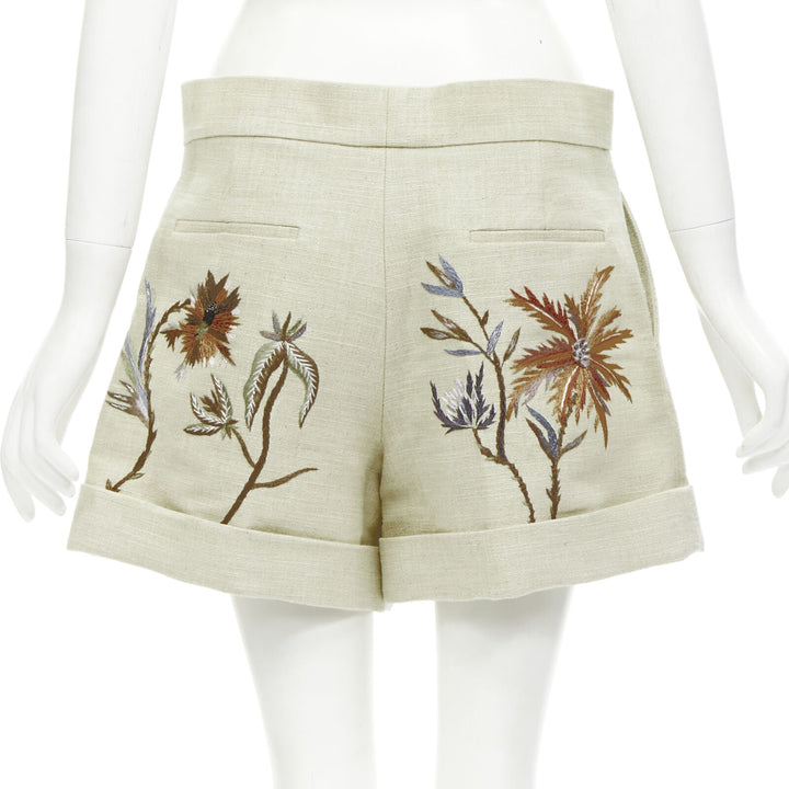 CHRISTIAN DIOR beige cotton linen Dandelion floral embroidery cuffed shorts FR38