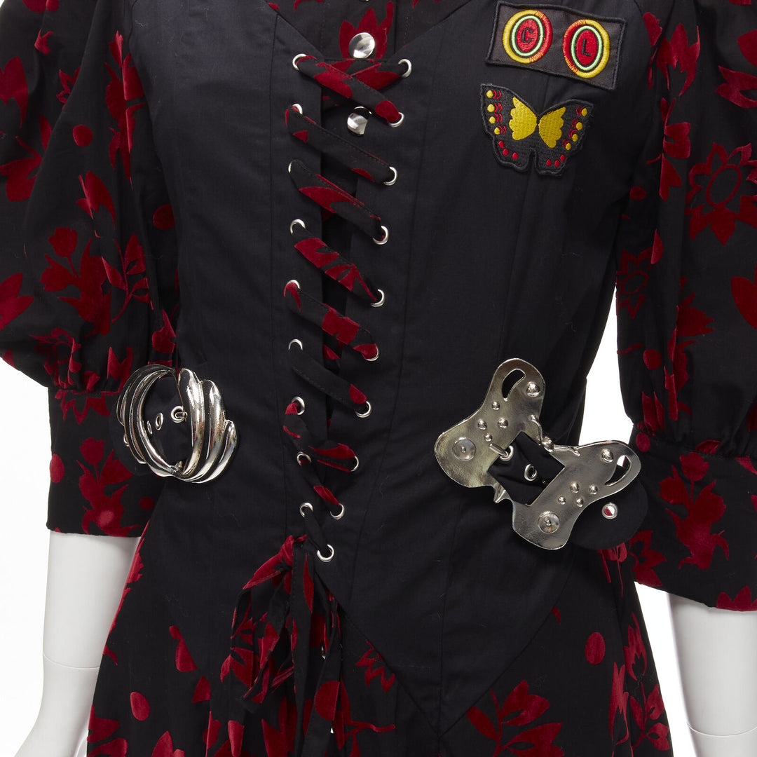 CHOPOVA LOWENA red velvet floral butterfly hook black corset Victorian dress S