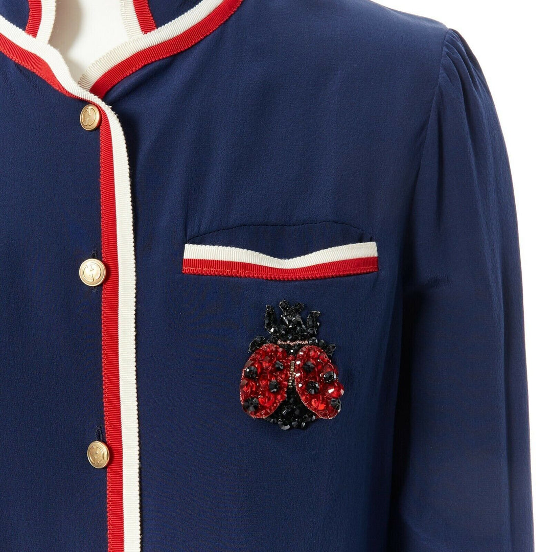 GUCCI navy tricolour ladybird ladybug embellish brooch badge silk shirt IT36 XXS