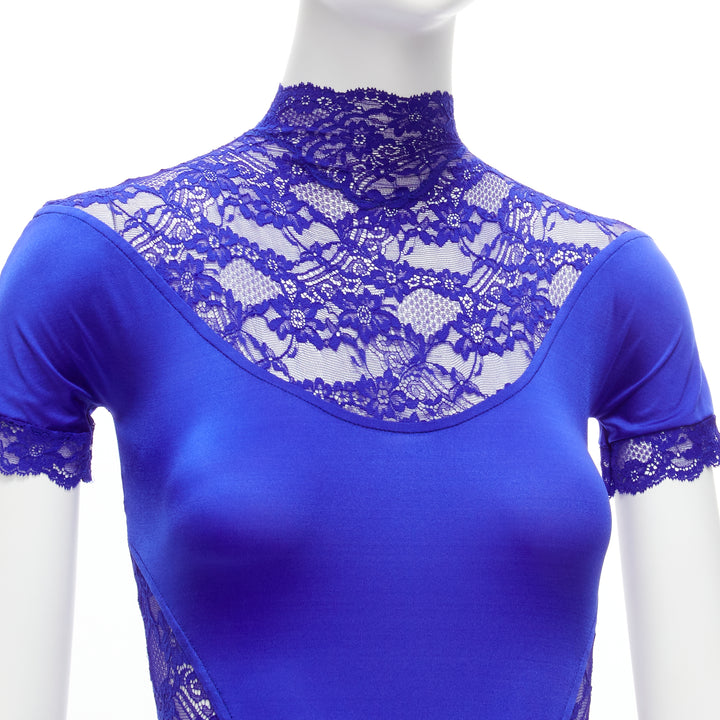 GIANNI VERSACE Vintage blue lace satin panels blue crystal body suit top