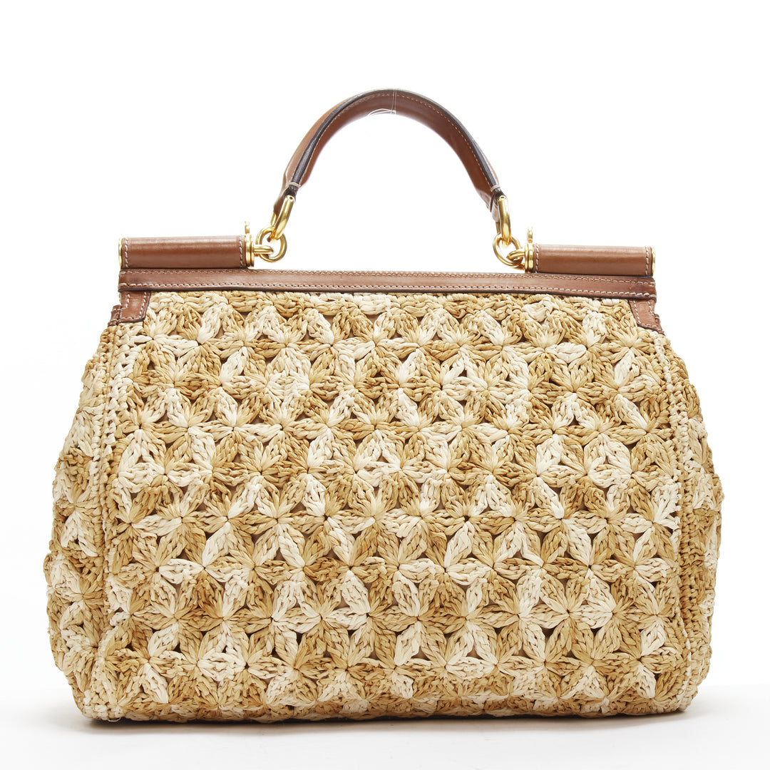 DOLCE GABBANA Sicily beige raffia crochet large top handle crossbody bag