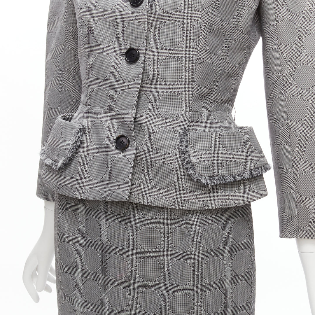 CHRISTIAN DIOR John Galliano Vintage grey houndstooth bar jacket skirt FR36 S