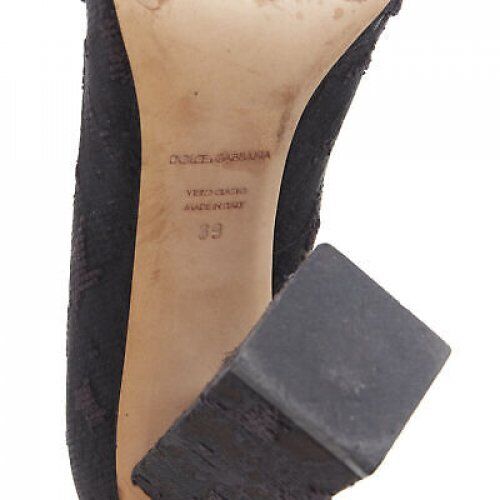 DOLCE GABBANA black brocade strass crystal brooch angular heel pump EU39 US9