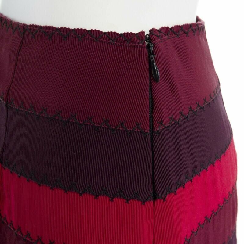 MARY KATRANTZOU red purple stripe ribbon overstitched fitted midi skirt UK8 26"