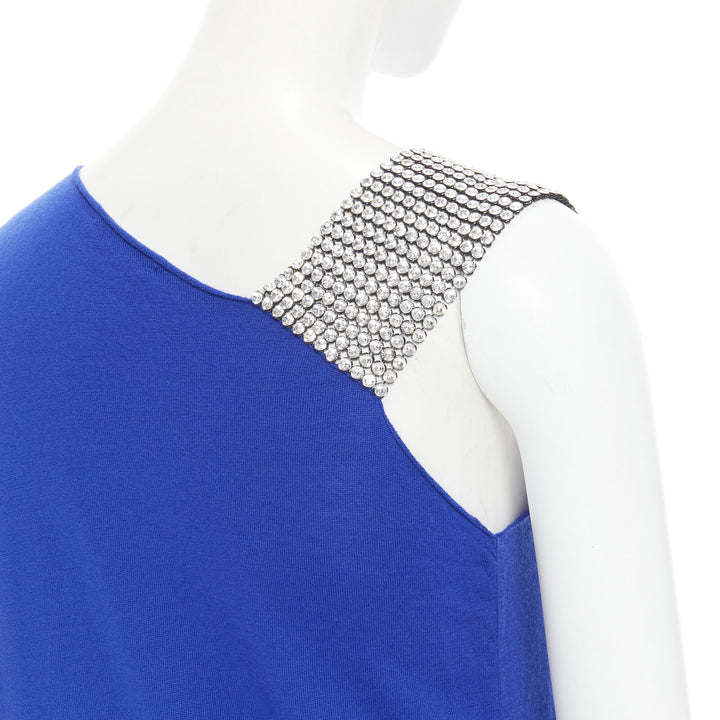BALMAIN blue wool crystal rhinestone embellished strap asymmetric dress FR36 S