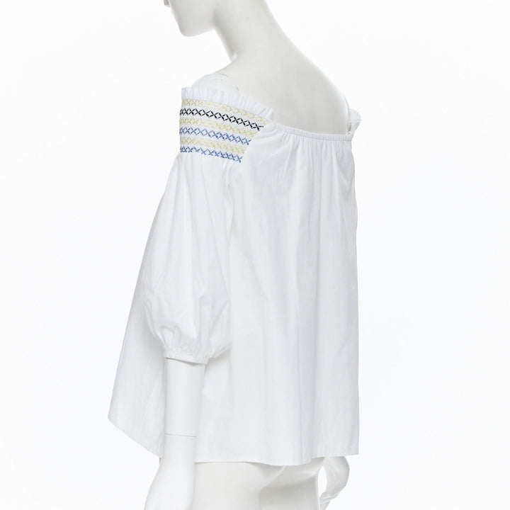 PETER PILOTTO white cotton ethnic embroidery off shoulder puff sleeve top UK6