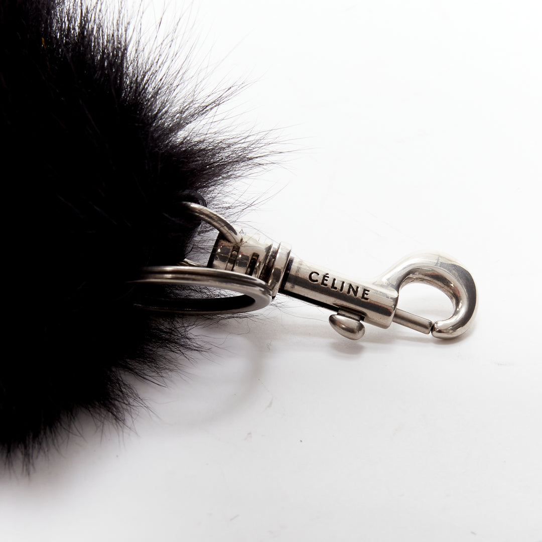OLD CELINE Phoebe Philo black fox fur tail clasp silver tone keyring bag charm