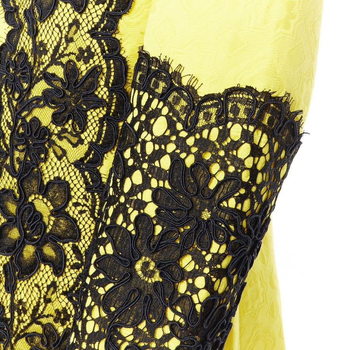 CHRISTIAN LACROIX yellow cotton floral jacquard black lace padded jacket FR40