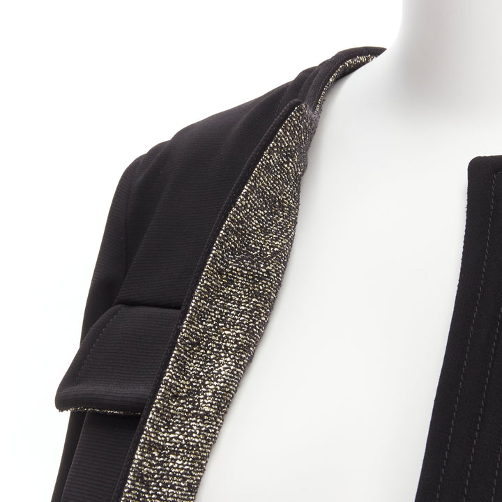 CHANEL black silver metallic tweed lined 4 pocket cropped bolero jacket FR34 XS