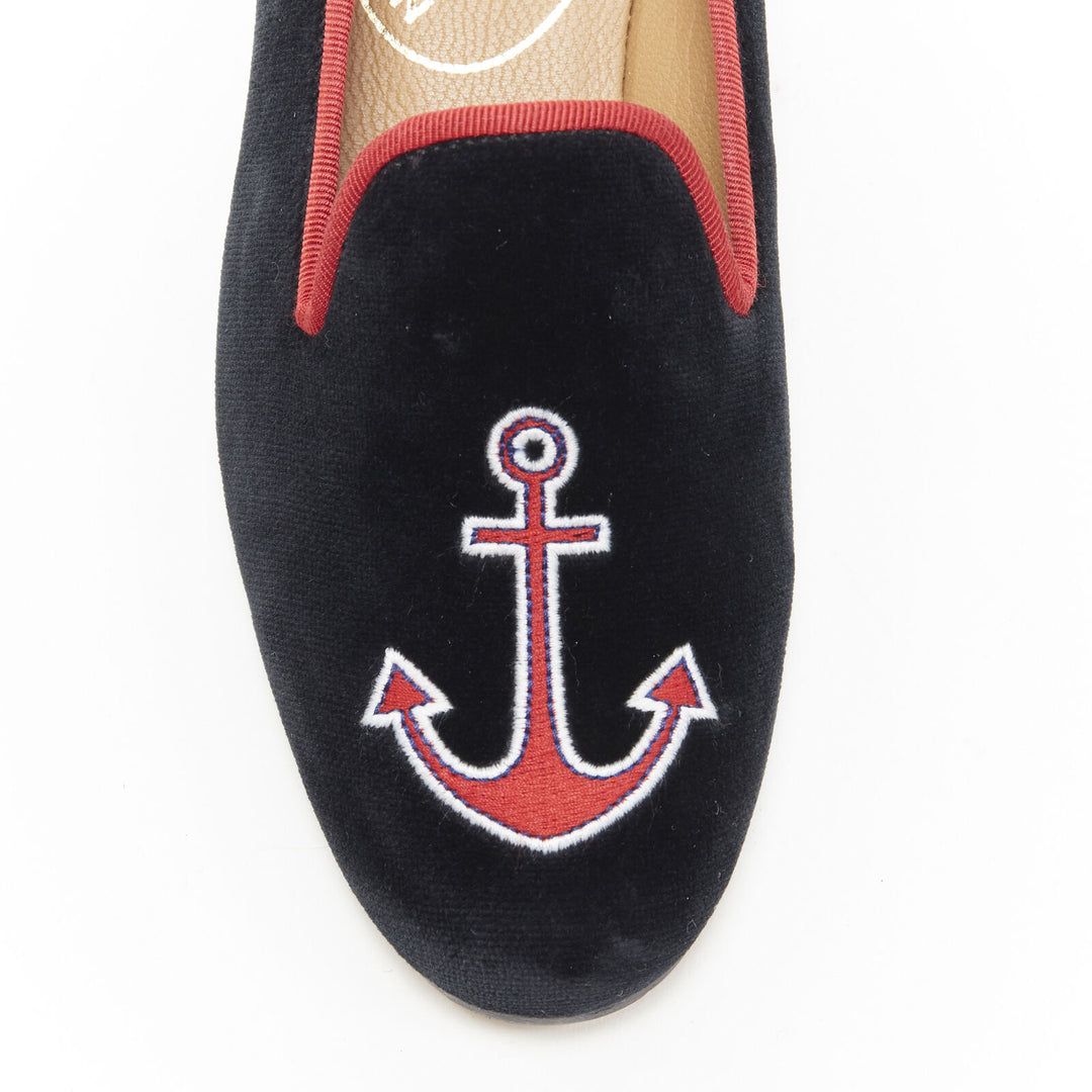 STUBBS WOOTON black velvet red sailor embroidery slip on loafer flats US7 EU37