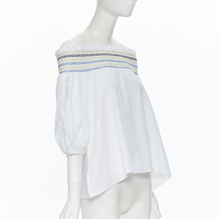 PETER PILOTTO white cotton ethnic embroidery off shoulder puff sleeve top UK6