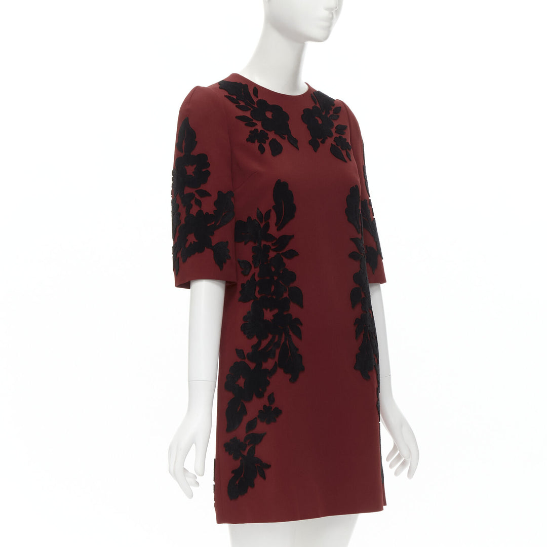 DOLCE GABBANA red crepe black floral velvet devore sheath dress IT36 XS