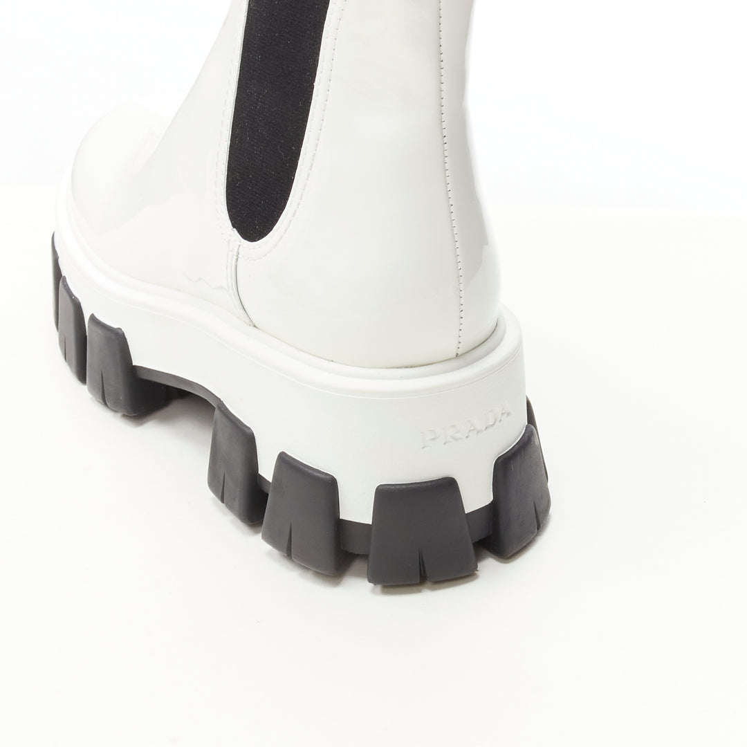 PRADA 2019 Monolith white patent lug sole platform ankle boot  EU36