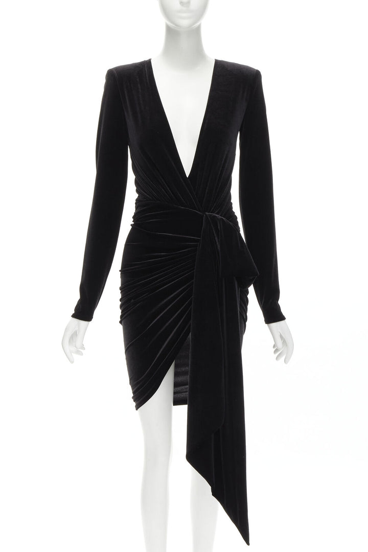 ALEXANDRE VAUTHIER black velvet plunge neck wrap bow draped mini dress FR34 XS