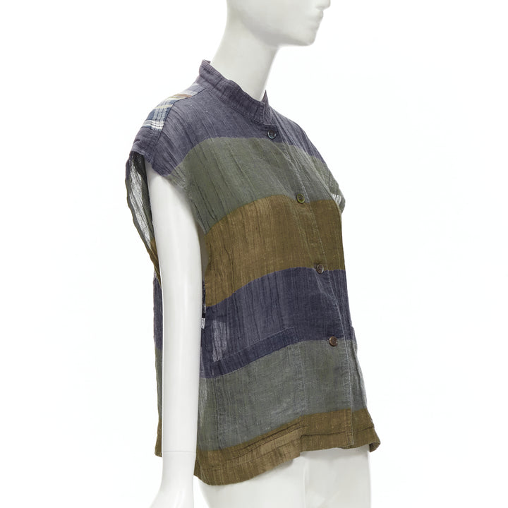ISSEY MIYAKE Vintage 1970's 100% linen blue green check patchwork vest JP9 S