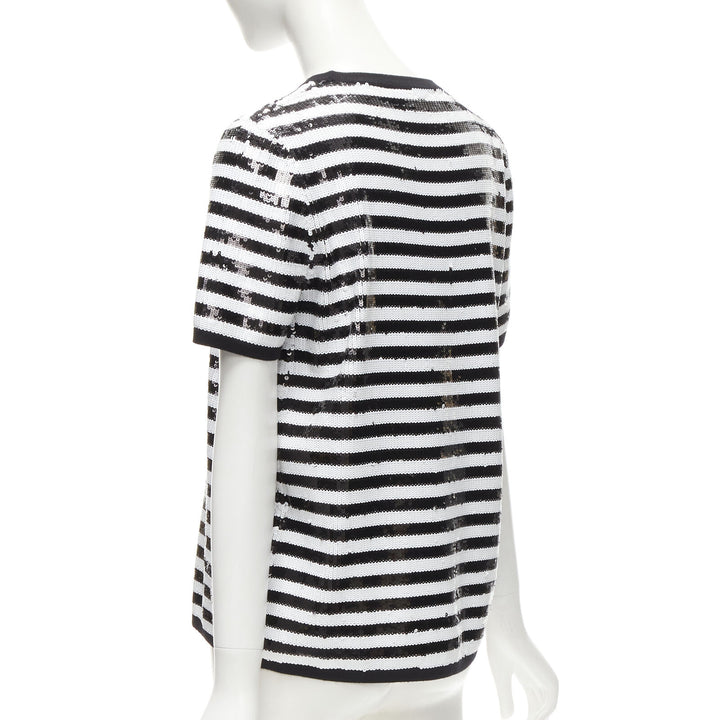 MICHAEL KORS COLLECTION 100% merino wool black white sequins striped boxy top XS