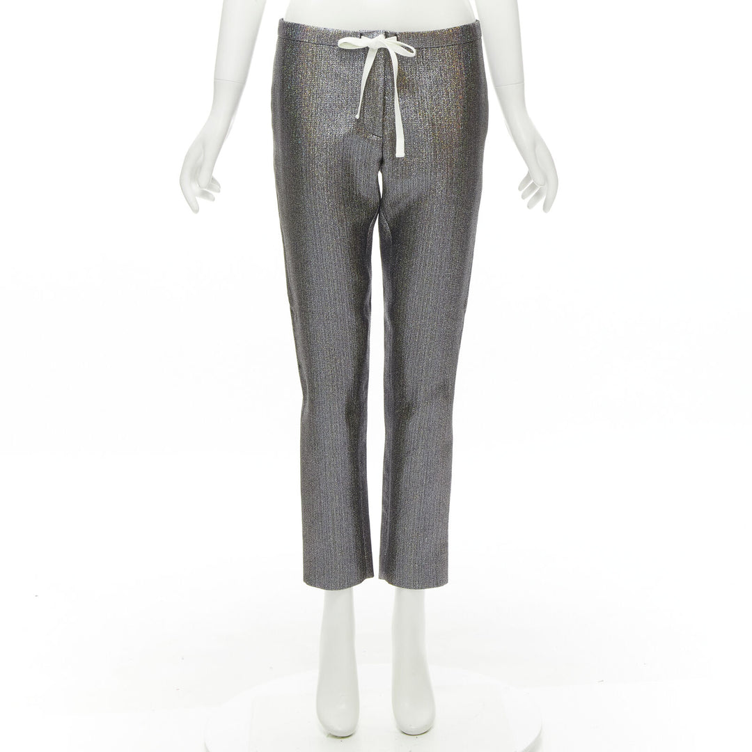 ROSIE ASSOULIN silver iridescent glitter metallic silk tapered cropped pants XS