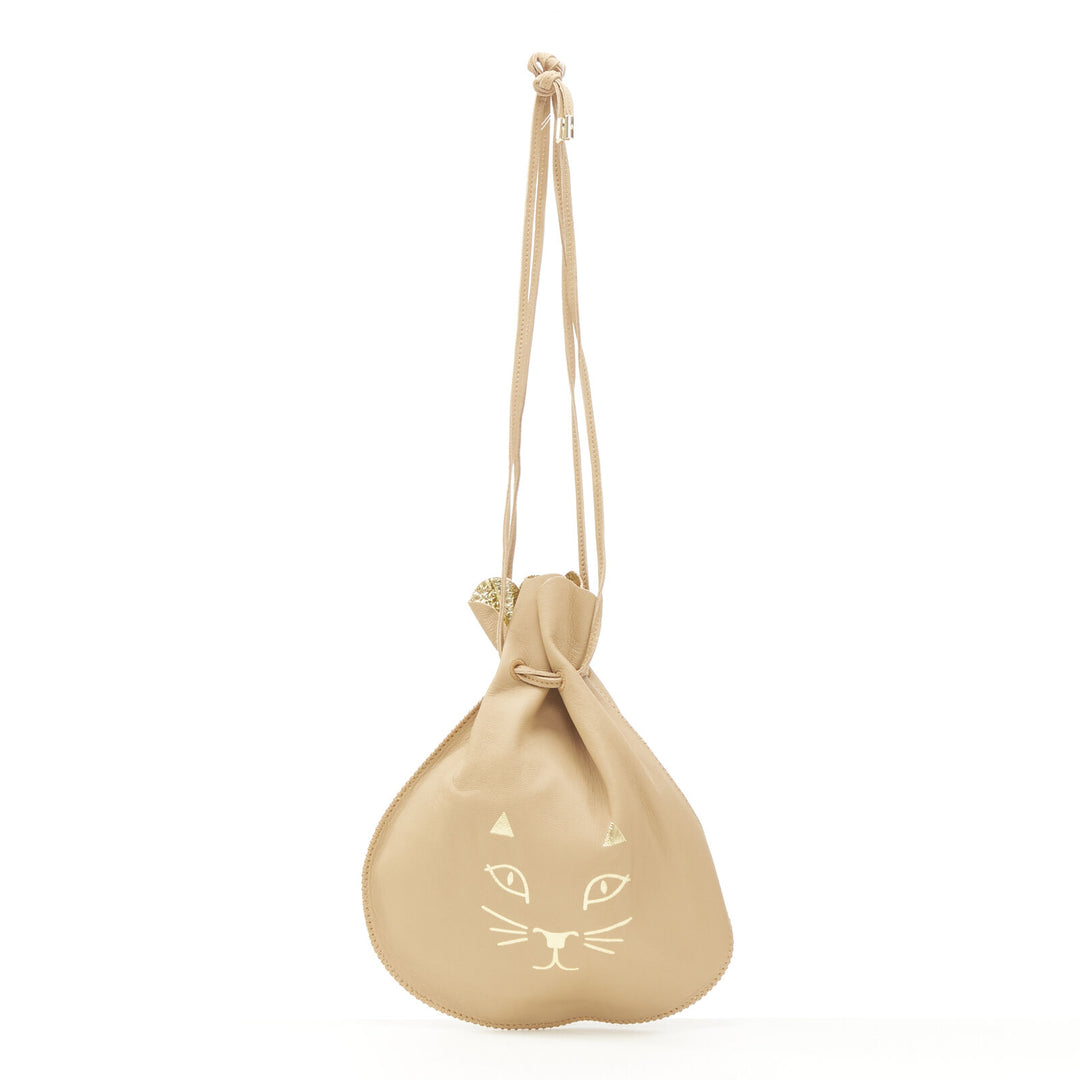 CHARLOTTE OLYMPIA Precious Pouch gold Kitty print tan leather drawstring bag