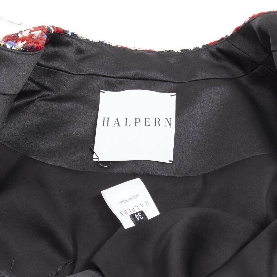HALPERN 2022 red checked tweed black feather trim cropped jacket FR34 XS