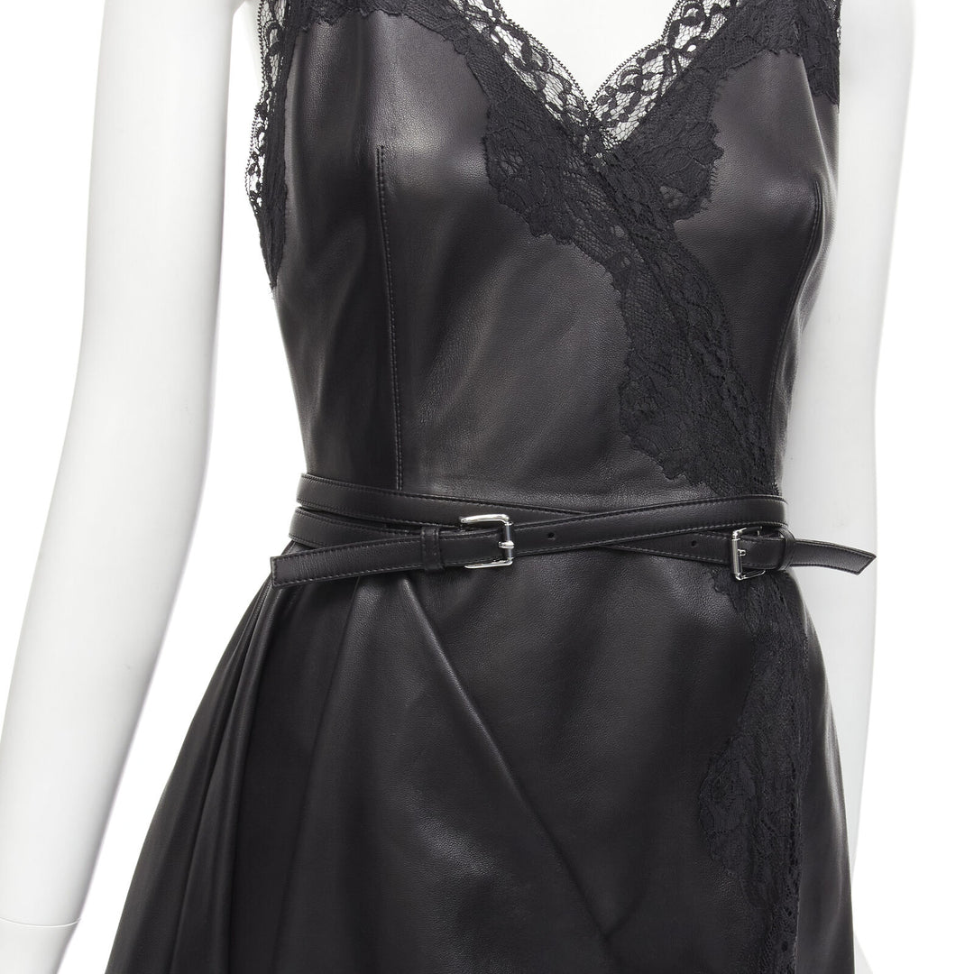 ALEXANDER MCQUEEN 2022 black leather lace asymmetric wrap draped dress IT38 XS