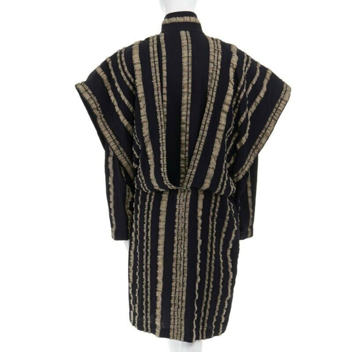 ISSEY MIYAKE Vintage 1980s black gold striped samurai shoulder wool coat M US8