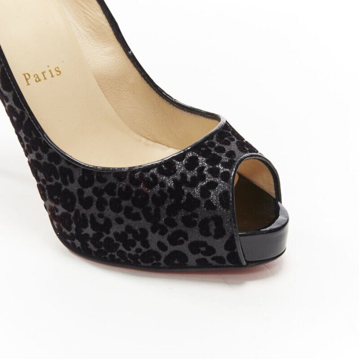 CHRISTIAN LOUBOUTIN black leopard velvet litter peep toe platform pump EU37 US7