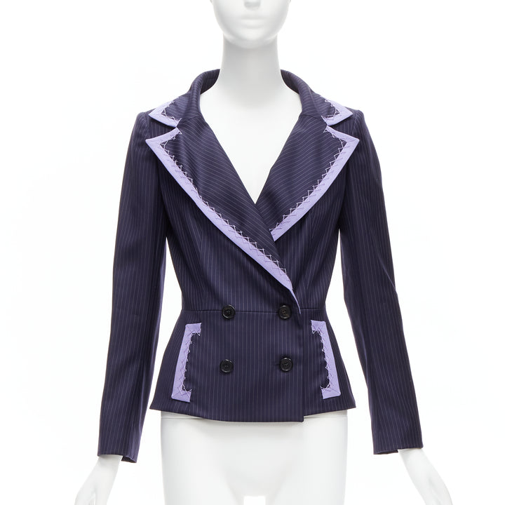 CHRISTIAN DIOR John Galliano Vintage navy purple topstitch bar blazer FR38 M