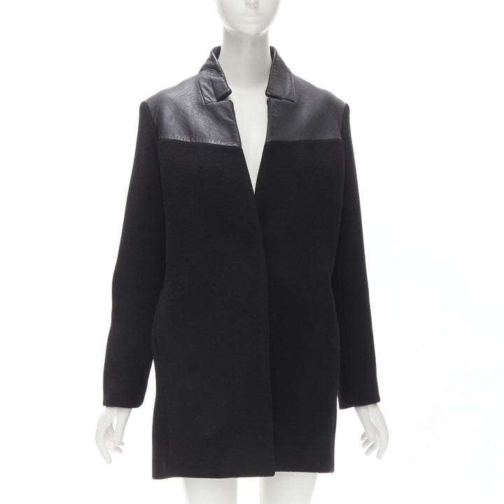 MAJE Sirop black calfskin leather trim wool collarless coat US2 S