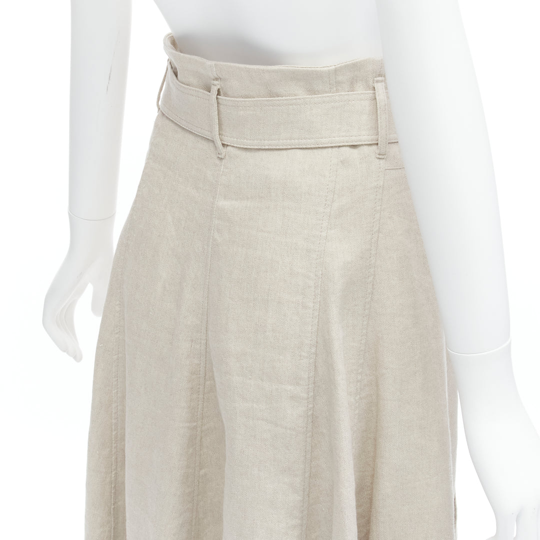 BRUNELLO CUCINELLI beige cotton linen tie belt A-line midi skirt IT40 S