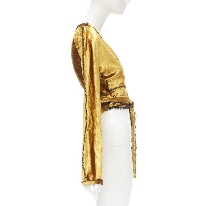 SID NEIGUM gold velvet black frayed seams wrap kimono robe jacket US2 S