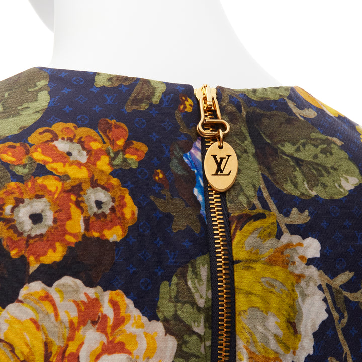 LOUIS VUITTON Vintage Flowers LV monogram wool pearl button flared dress FR34 XS