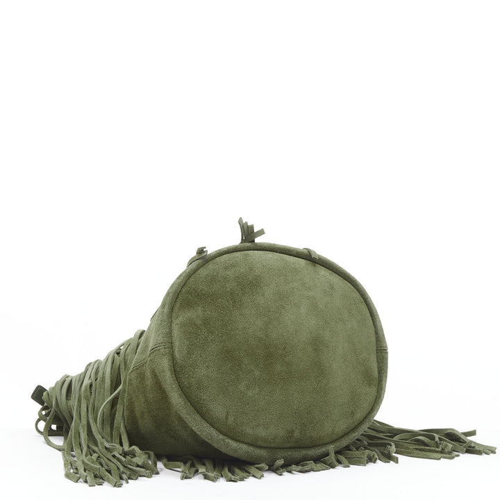 CELINE Hedi Slimane khaki green suede fringe medium bucket bag