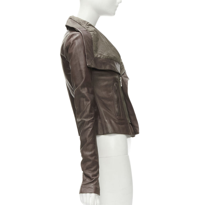 RICK OWENS dust brown lambskin leather draped collar fitted biker jacket IT40 XS