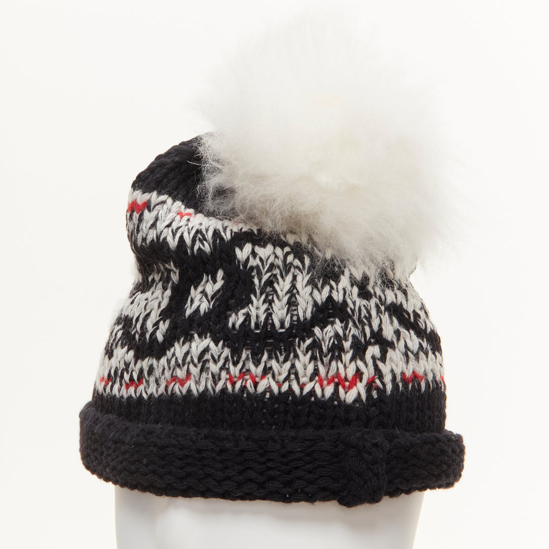 CHANEL 100% wool white CC logo pom pom black red intarsia beanie hat