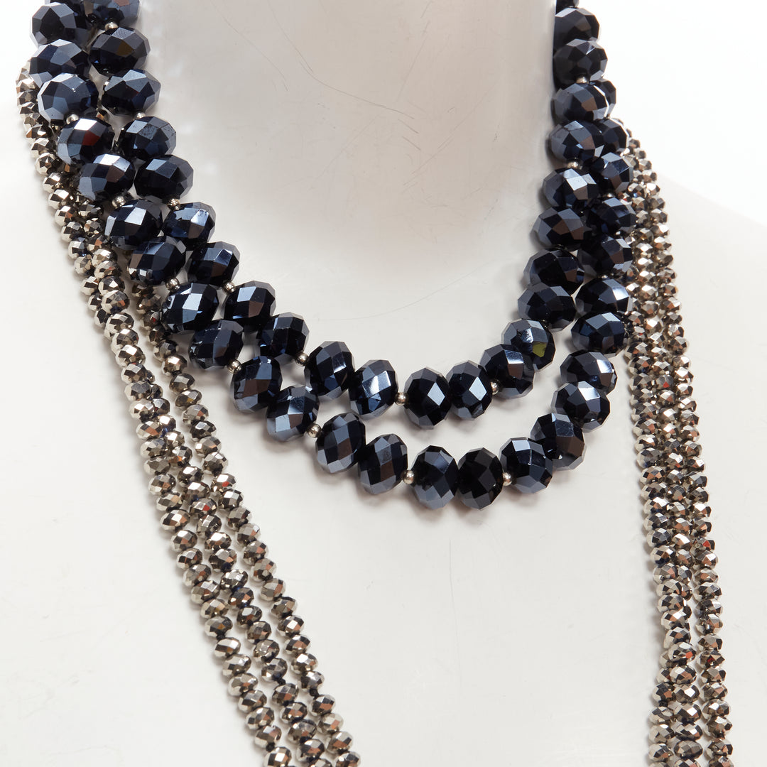 KENNETH JAY LANE silver geometric beads blue big beads double necklace set