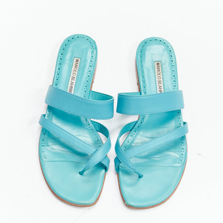 MANOLO BLAHNIK teal blue toe ring crisscross leather strappy sandals EU37.5