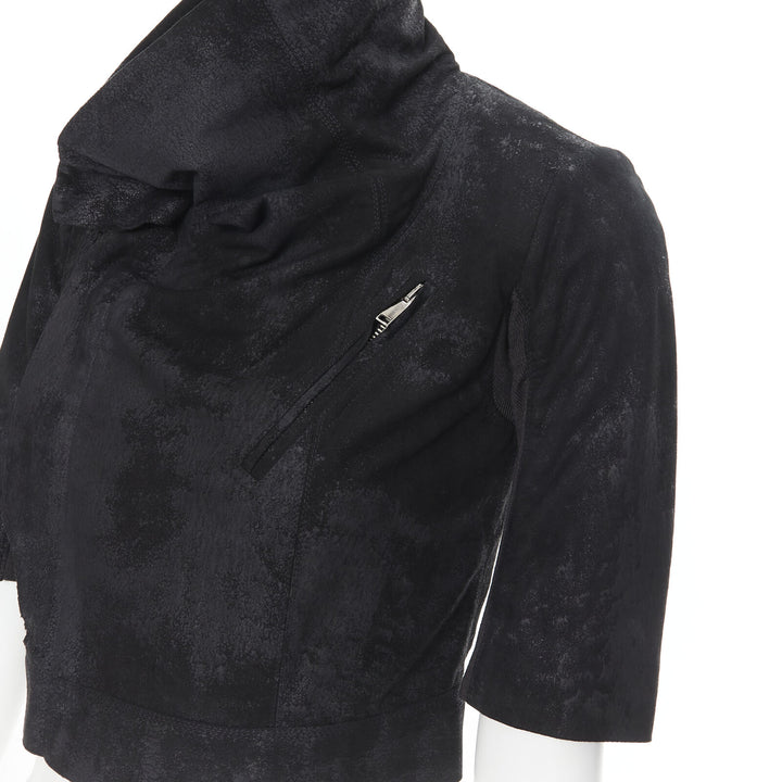 RICK OWENS black distressed blister leather draped crop biker jacket IT40 S