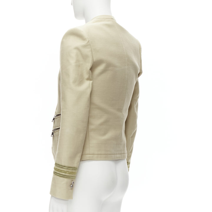 BALMAIN beige cotton military gold trim zippers cropped fitted jacket EU46 S