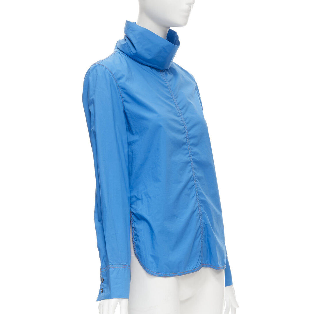 MARNI blue cotton overstitch funnel neck long sleeve curved hem shirt IT38 XS
