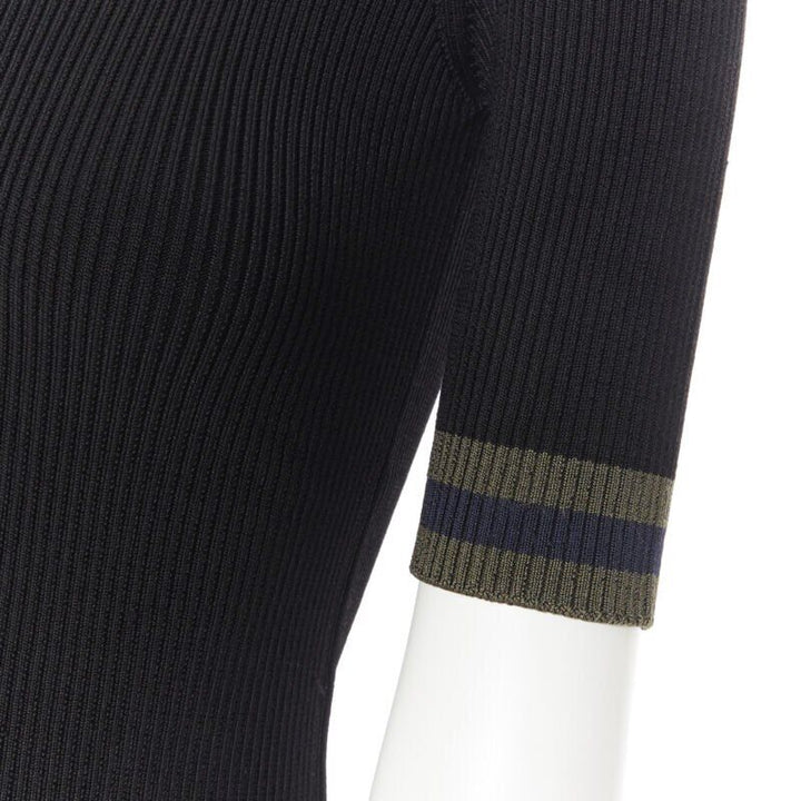 PRADA black viscose ribbed knit scoop neck web rimmed short sleeve top IT40 S
