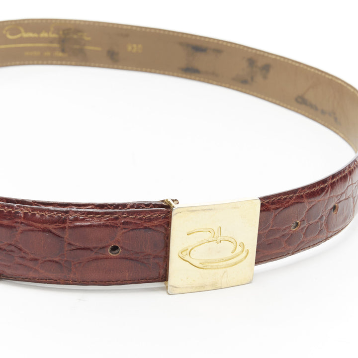 OSCAR DE LA RENTA brown stamped mock croc gold logo buckle belt 32"-36"